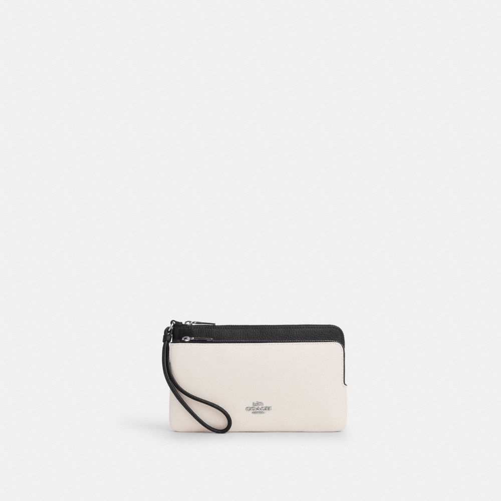 COACH®,Double Zip Wallet,Leather,Pouch,Wristlet,Logo,Metal,Piping,Casual,Cream,Front View