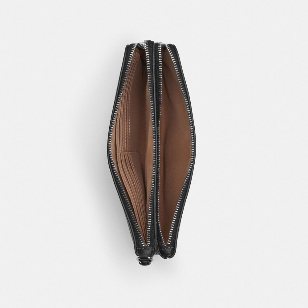 COACH®,Double Zip Wallet,Leather,Pouch,Wristlet,Logo,Metal,Piping,Casual,Cream,Inside View,Top View