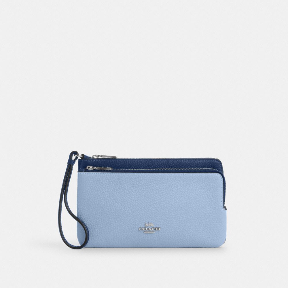 COACH®,Double Zip Wallet,Leather,Pouch,Wristlet,Logo,Metal,Piping,Casual,,Front View