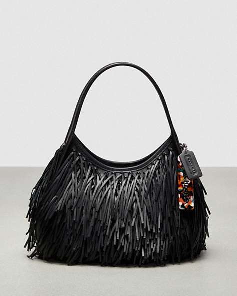 COACH®,Ergo Bag in Upcrafted Fringe Leather,Small,Black,Front View