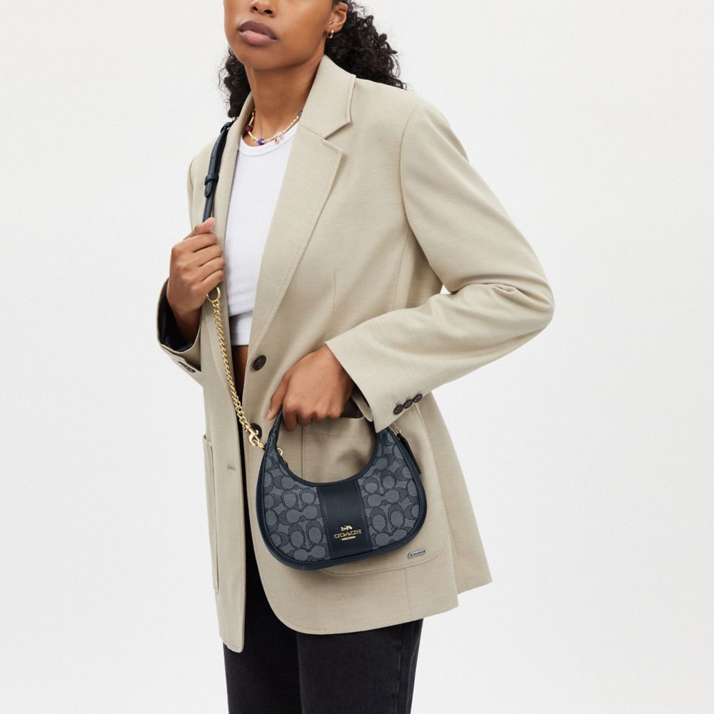 COACH®,Carmen Mini Crossbody In Signature Jacquard,Recycled Polyester,Cotton,Crossbody,Chain Detail,Mixed Media,Color Bloc...,Blue,Detail View