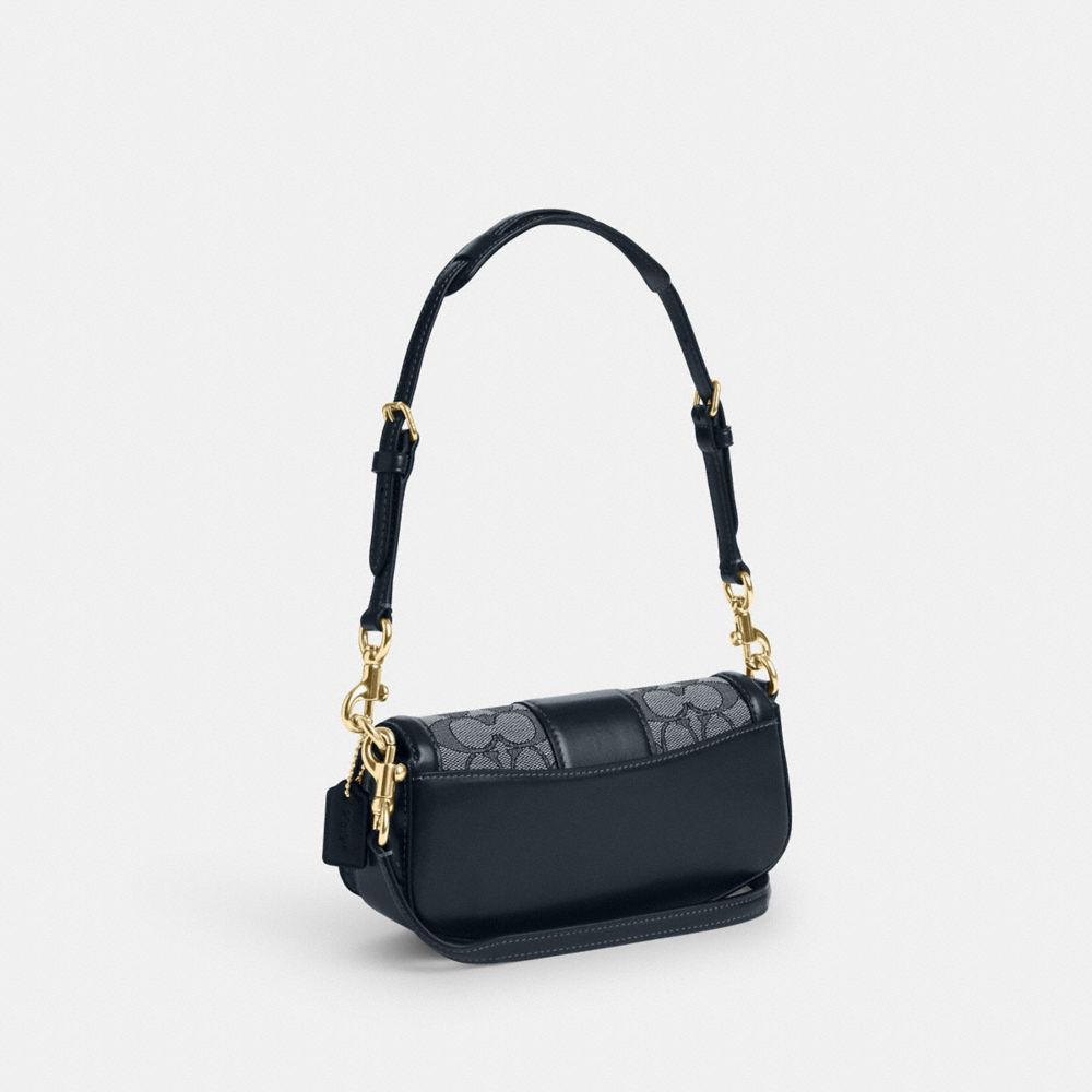 COACH®,Andrea Small Shoulder Bag In Signature Jacquard,Calfskin Leather,Cotton,Shoulder Bag,Color Block,Mixed Media,Casual,Blue,Angle View