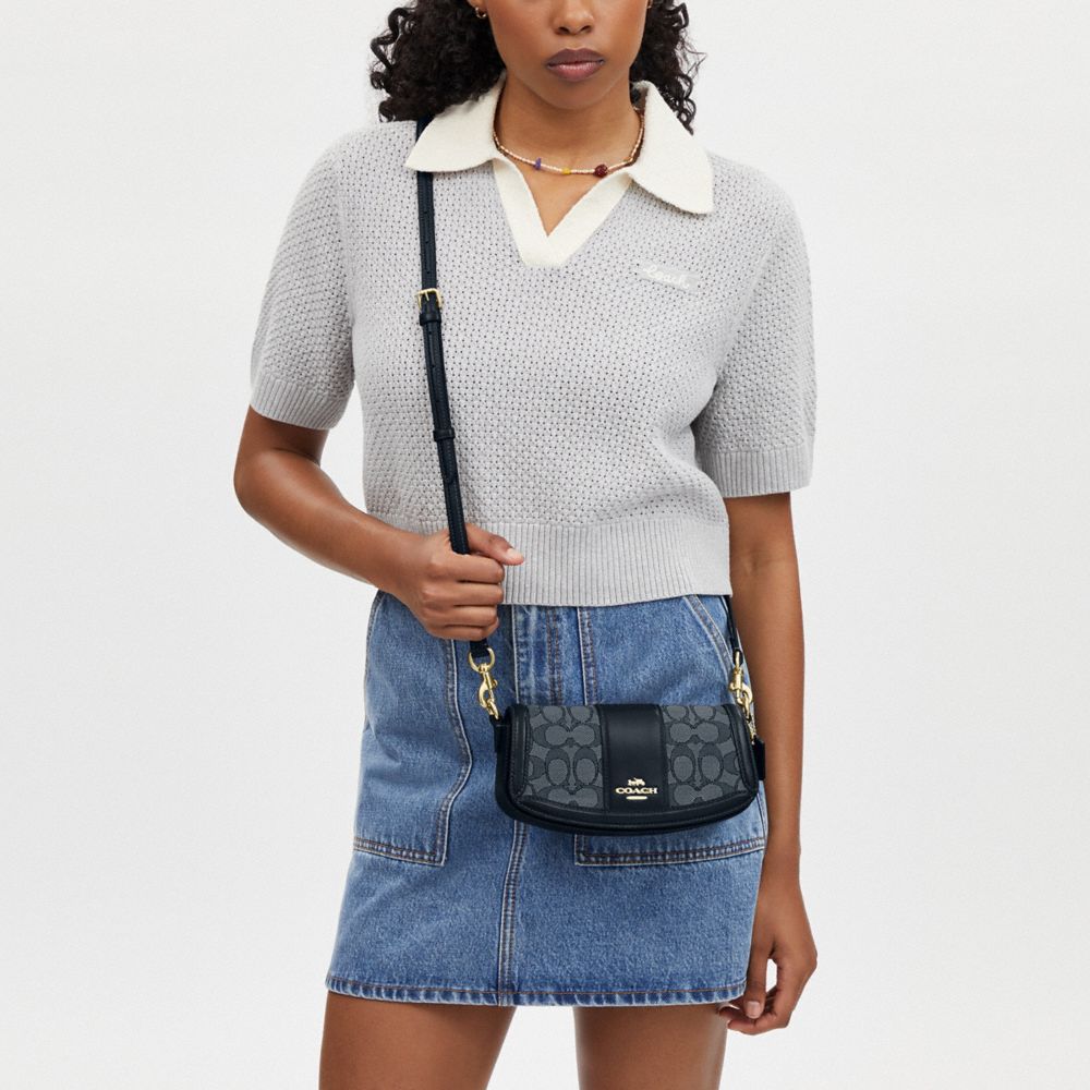 COACH®,Andrea Small Shoulder Bag In Signature Jacquard,Calfskin Leather,Cotton,Shoulder Bag,Color Block,Mixed Media,Casual,Blue,Detail View