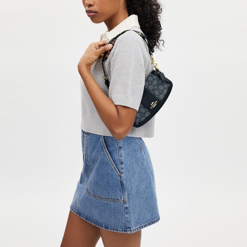 COACH®,Andrea Small Shoulder Bag In Signature Jacquard,Calfskin Leather,Cotton,Shoulder Bag,Color Block,Mixed Media,Casual,Blue,Detail View