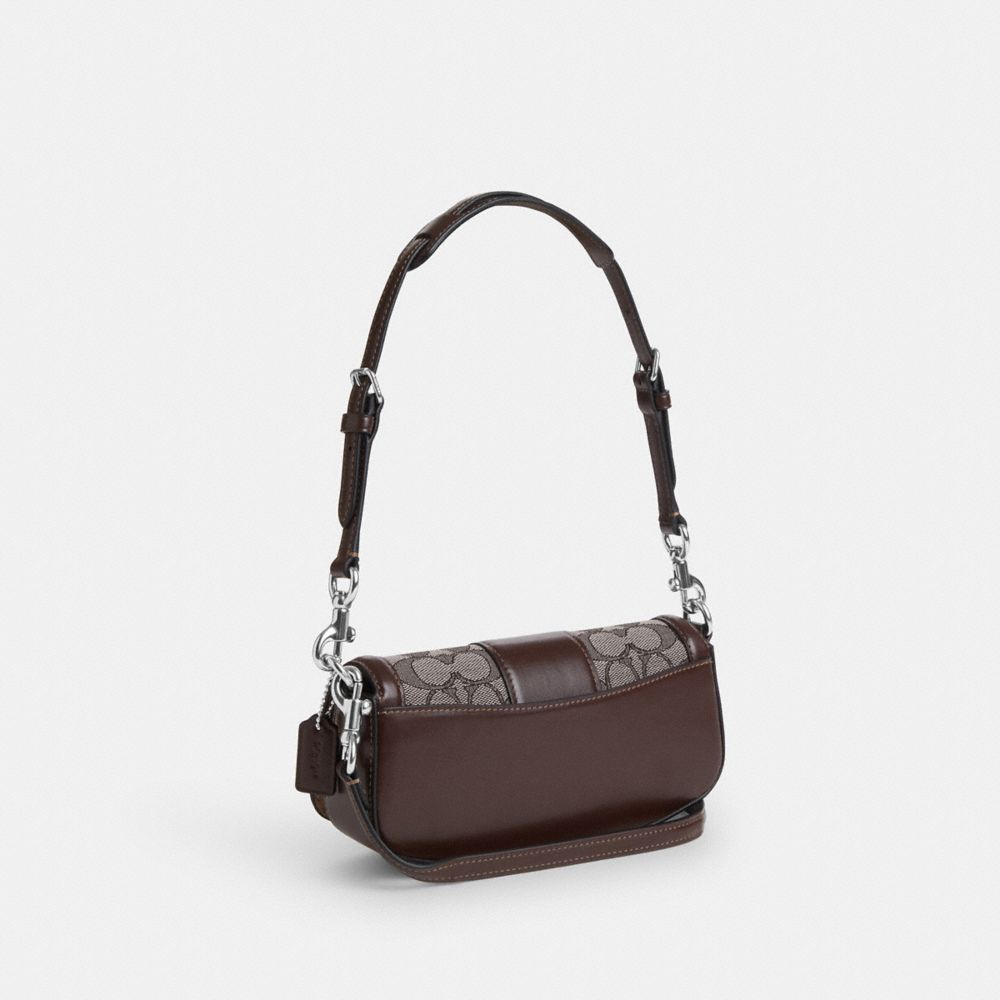 COACH®,Andrea Small Shoulder Bag In Signature Jacquard,Calfskin Leather,Cotton,Shoulder Bag,Color Block,Mixed Media,Casual,Brown,Angle View