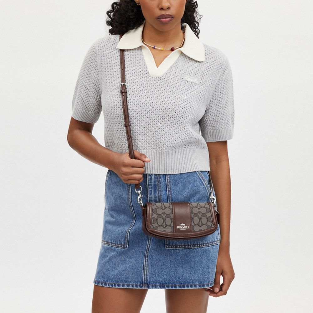 COACH®,Andrea Small Shoulder Bag In Signature Jacquard,Calfskin Leather,Cotton,Shoulder Bag,Color Block,Mixed Media,Casual,Brown,Detail View