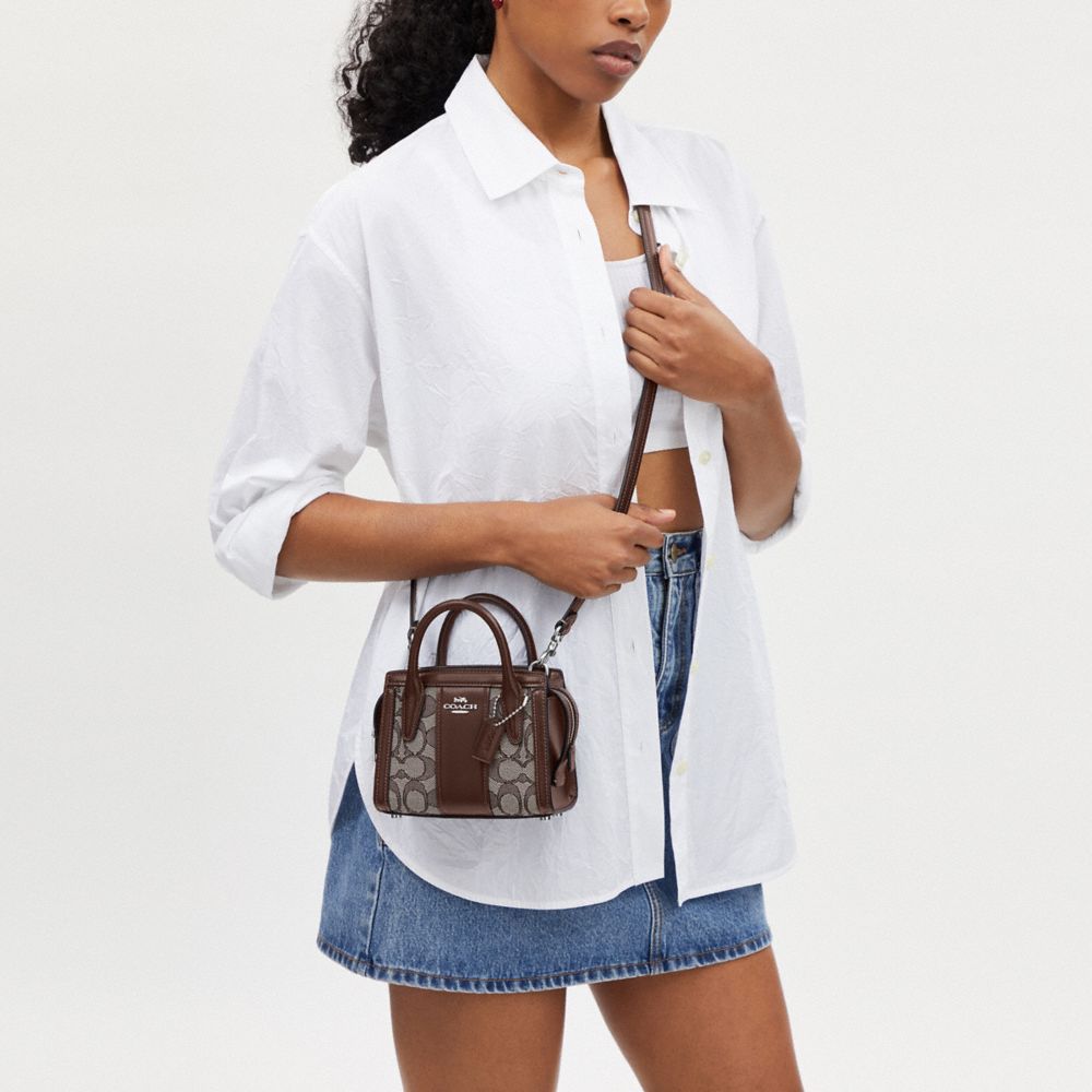 COACH®,Andrea Mini Carryall In Signature Jacquard,Lining Lining Fabric Content,Recycled Polyester,Leather,Cotton,Crossbody...,Brown,Detail View