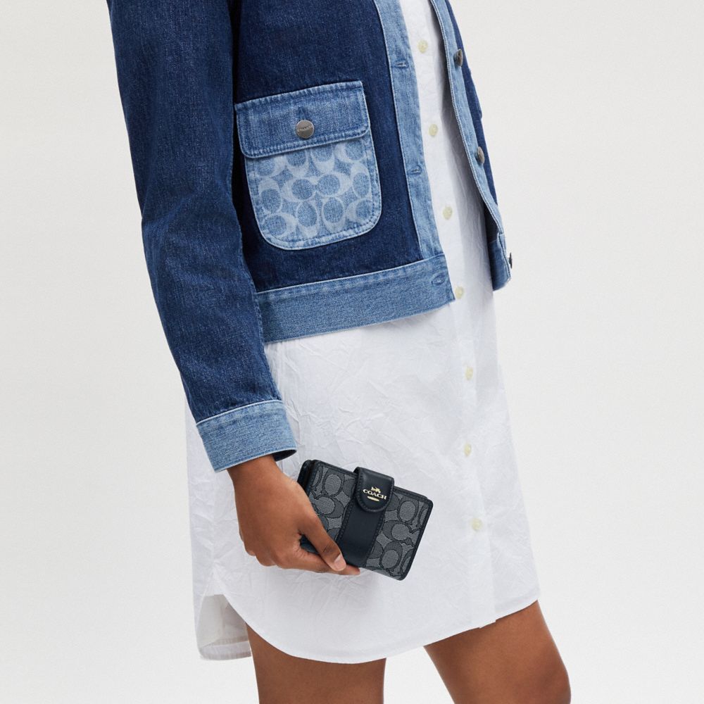 COACH®,Medium Corner Zip Wallet In Signature Jacquard,Recycled Polyester,Cotton,Bi Fold,Coin,Piping,Color Block,Casual,Blue,Detail View