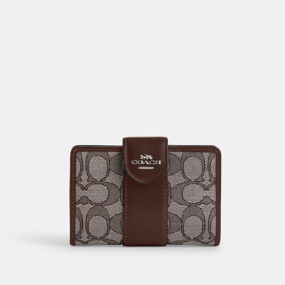 COACH®,Medium Corner Zip Wallet In Signature Jacquard,Recycled Polyester,Cotton,Bi Fold,Coin,Piping,Color Block,Casual,Brown,Front View