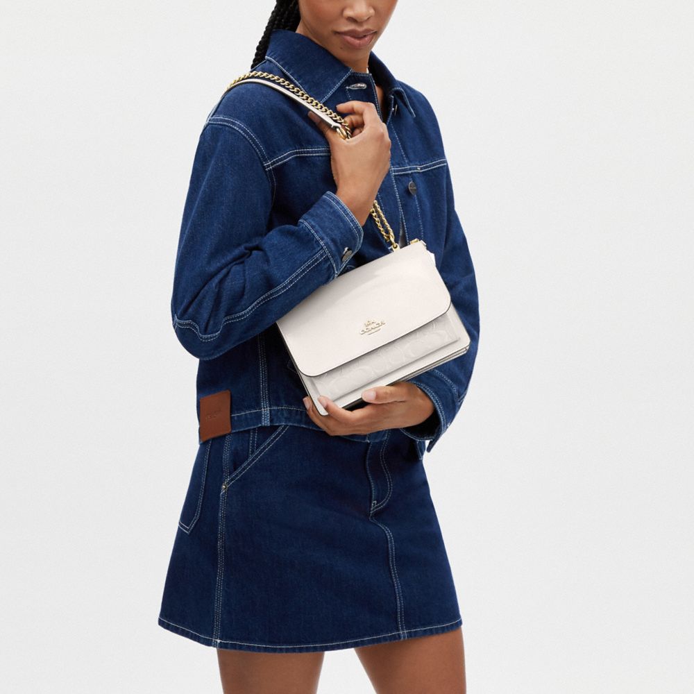 COACH®,Klare Crossbody Bag In Signature Leather,Crossbody,Logo,Metal,Day Party,White,Detail View