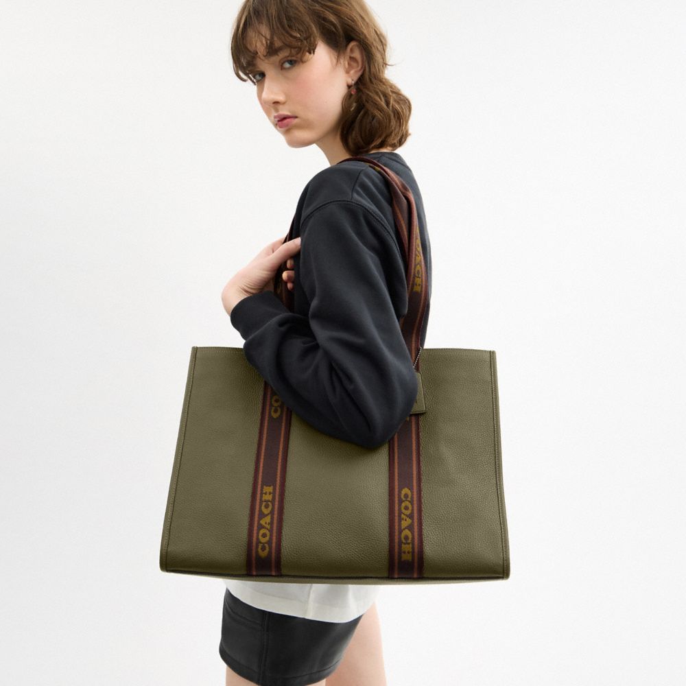 COACH®,Large Smith Tote Bag,Lining Lining Fabric Content,Leather,Tote,Stripe,Casual,Green,Detail View