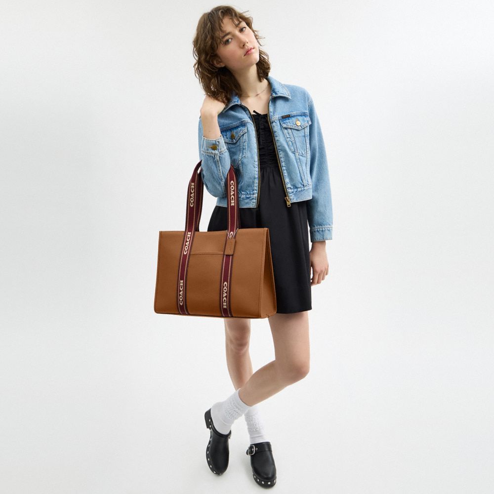 COACH®,Large Smith Tote Bag,Leather,Tote,Stripe,Casual,Brown,Detail View