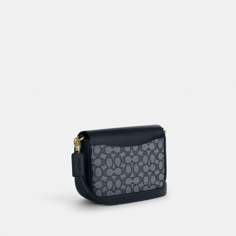 COACH®,Amelia Saddle Bag In Signature Jacquard,Leather,Recycled Polyester,Cotton,Saddle Bag,Mixed Media,Color Block,Casual,Blue,Angle View