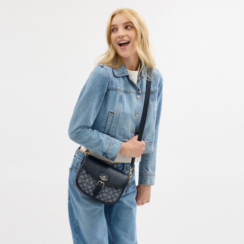 COACH®,Amelia Saddle Bag In Signature Jacquard,Leather,Recycled Polyester,Cotton,Saddle Bag,Mixed Media,Color Block,Casual,Blue