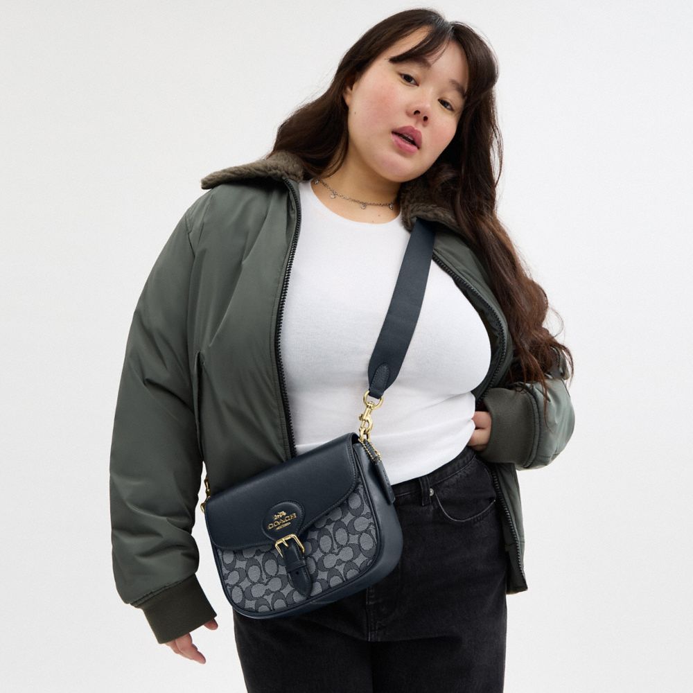 COACH®,Amelia Saddle Bag In Signature Jacquard,Leather,Recycled Polyester,Cotton,Saddle Bag,Mixed Media,Color Block,Casual,Blue