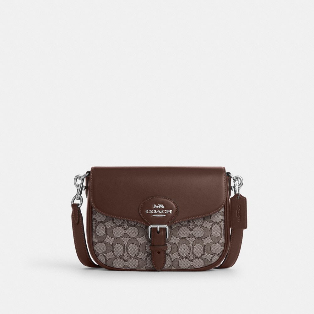 COACH®,SAC DE SELLE AMELIA EN JACQUARD SIGNATURE,Faux cuir,Sv/Chêne/Érable,Front View