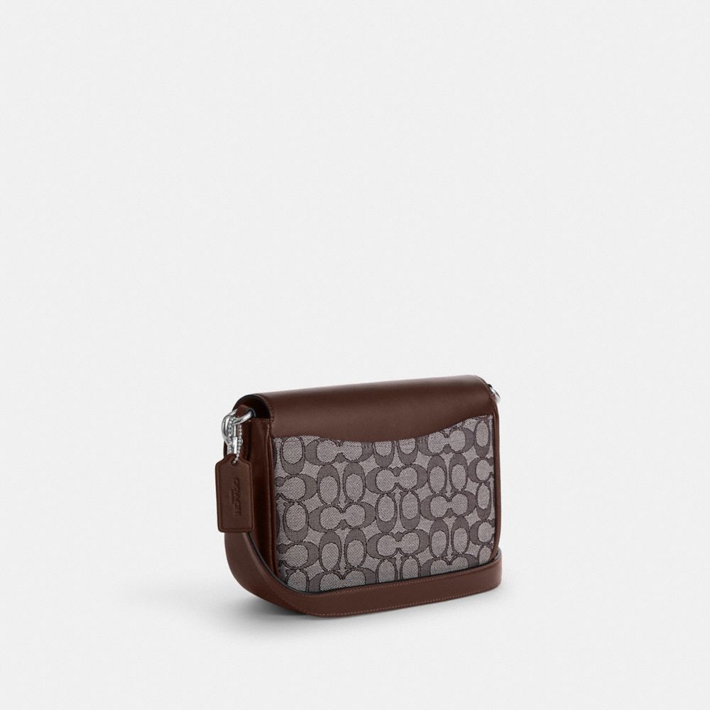 COACH®,Amelia Saddle Bag In Signature Jacquard,Leather,Recycled Polyester,Cotton,Saddle Bag,Mixed Media,Color Block,Casual,Brown,Angle View