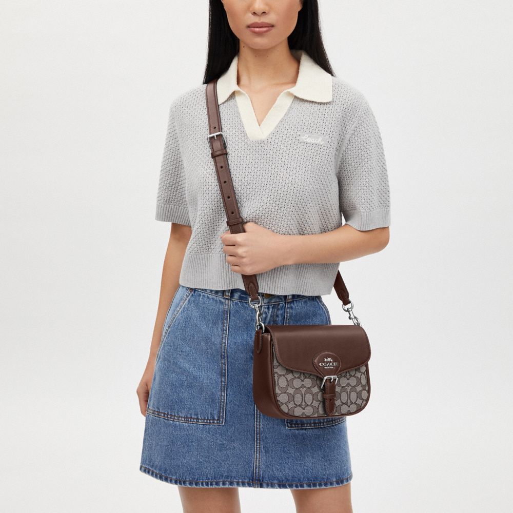 COACH®,Amelia Saddle Bag In Signature Jacquard,Leather,Recycled Polyester,Cotton,Saddle Bag,Mixed Media,Color Block,Casual,Brown,Detail View