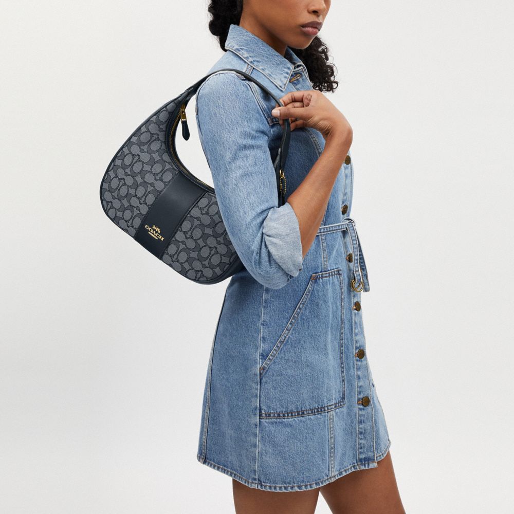 COACH®,Carmen Shoulder Bag In Signature Jacquard,Leather,Shoulder Bag,Color Block,Mixed Media,Casual,Blue,Detail View