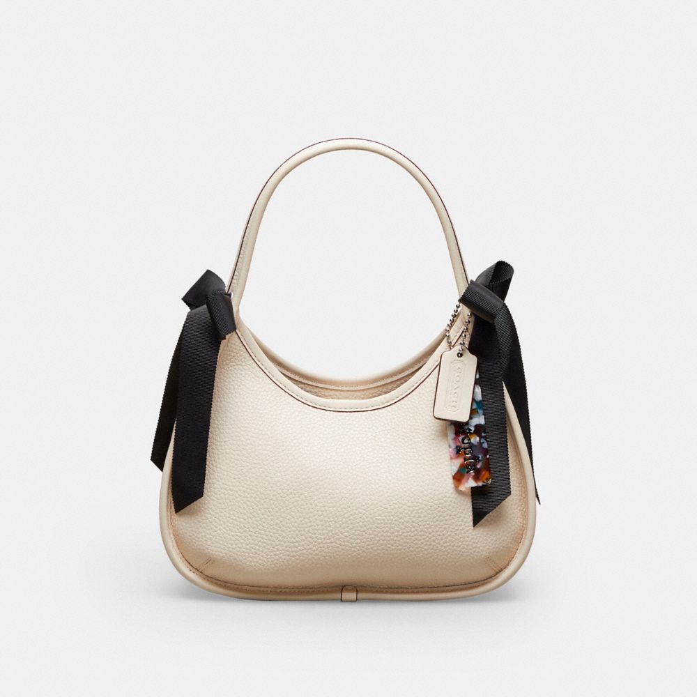 COACH®,Ergo Bag In Coachtopia Leather With Bows,Leather,Polyester,Shoulder Bag,Plastic,Logo,Bow,Casual,Cream,Front View