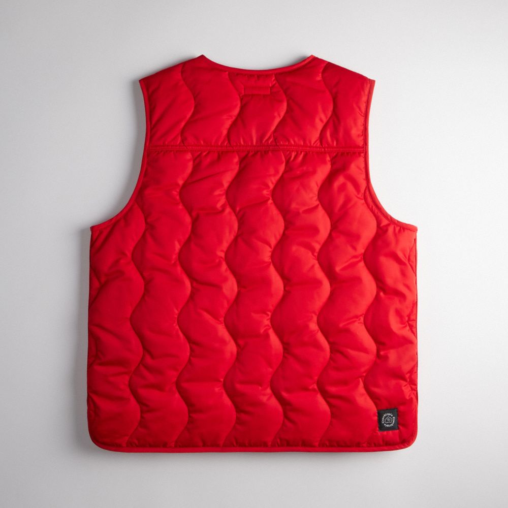 COACH®,Coachtopia Loop Cargo Vest,Recycled Polyester,Quilted,Vest,Logo,Tag Embellishment,Sustainable,Casual,Red,Back View