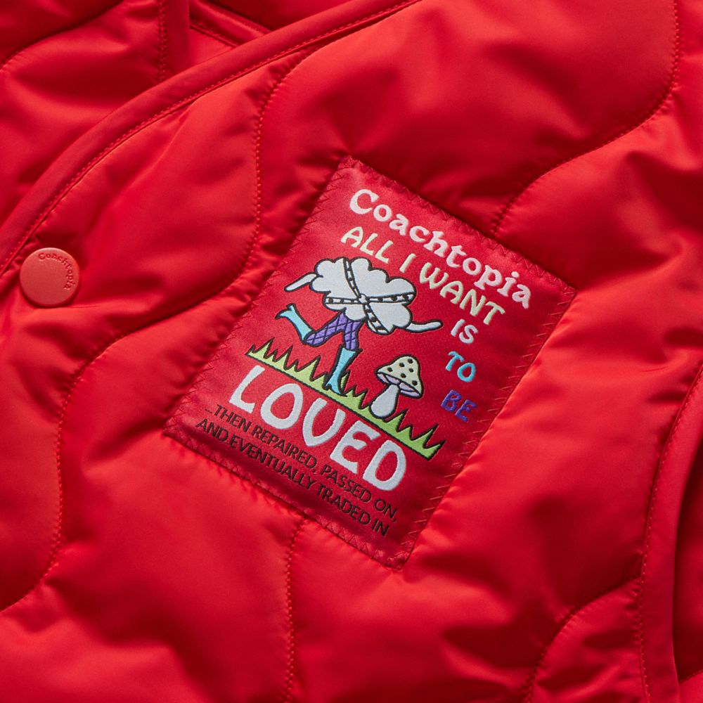 COACH®,Coachtopia Loop Cargo Vest,Recycled Polyester,Quilted,Vest,Logo,Tag Embellishment,Sustainable,Casual,Red,Closer View