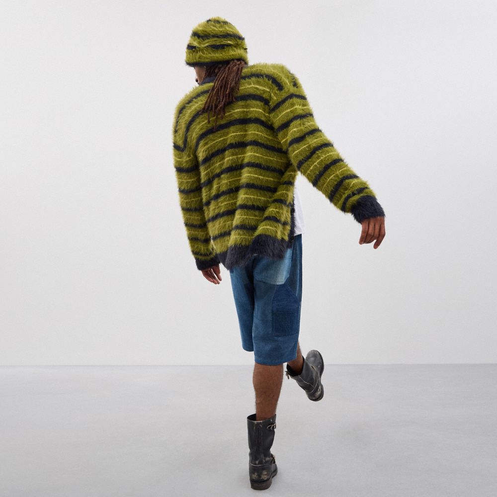 COACH®,Fuzzy Knit Cardigan,Fuzzy Knit,Recycled Nylon,Cardigan,Logo,Embroidered,Piping,Casual,Olive,Scale View