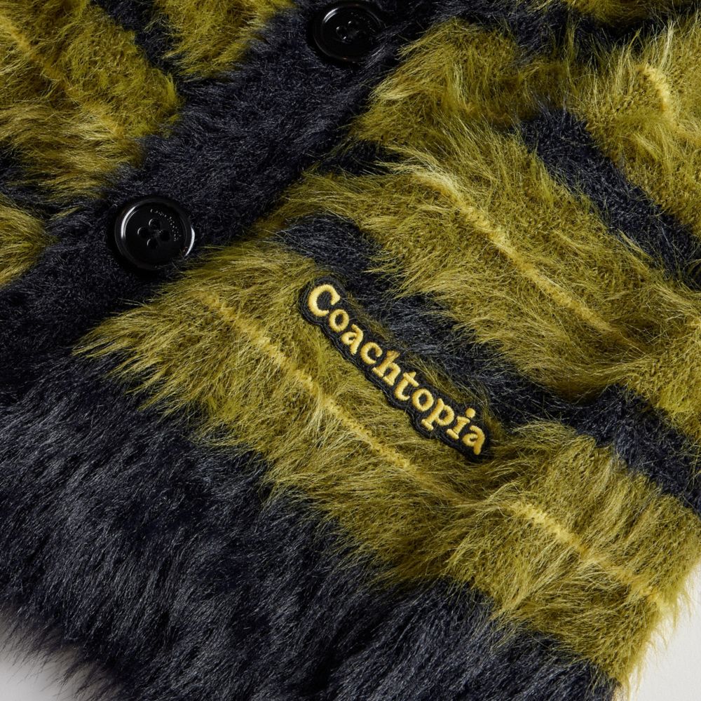 COACH®,Fuzzy Knit Cardigan,Fuzzy Knit,Recycled Nylon,Cardigan,Logo,Embroidered,Piping,Casual,Olive,Closer View