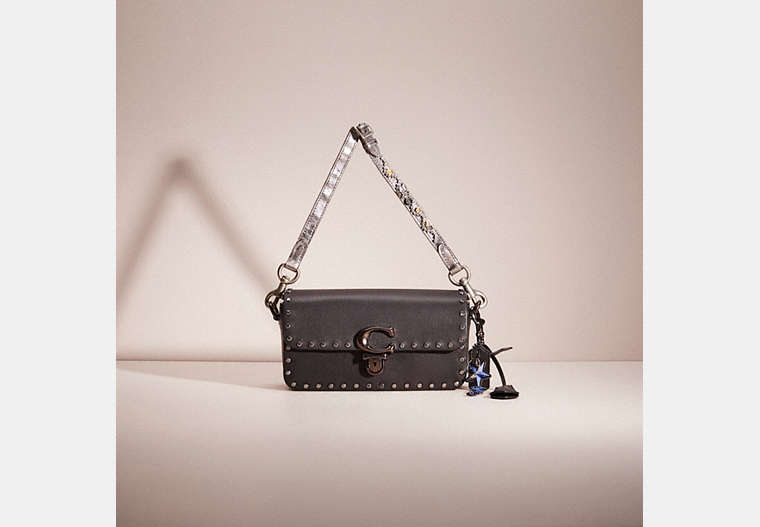 COACH®,UPCRAFTED STUDIO BAGUETTE BAG WITH CRYSTAL RIVETS,Holiday Glow Up,Pewter/Black,Front View