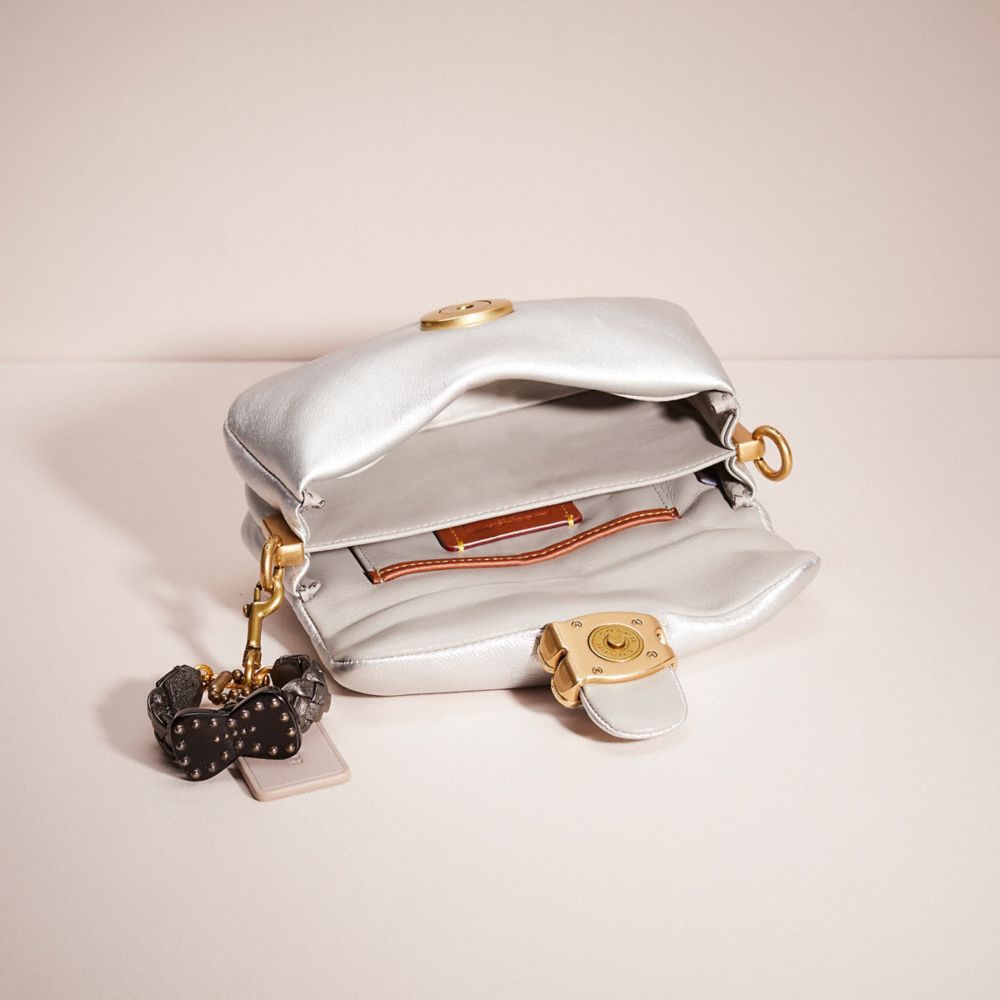 COACH®,Upcrafted Pillow Tabby Shoulder Bag 18,Leather,Shoulder Bag,Logo,Rhinestones,Formal,Metallic,Silver,Inside View,Top View