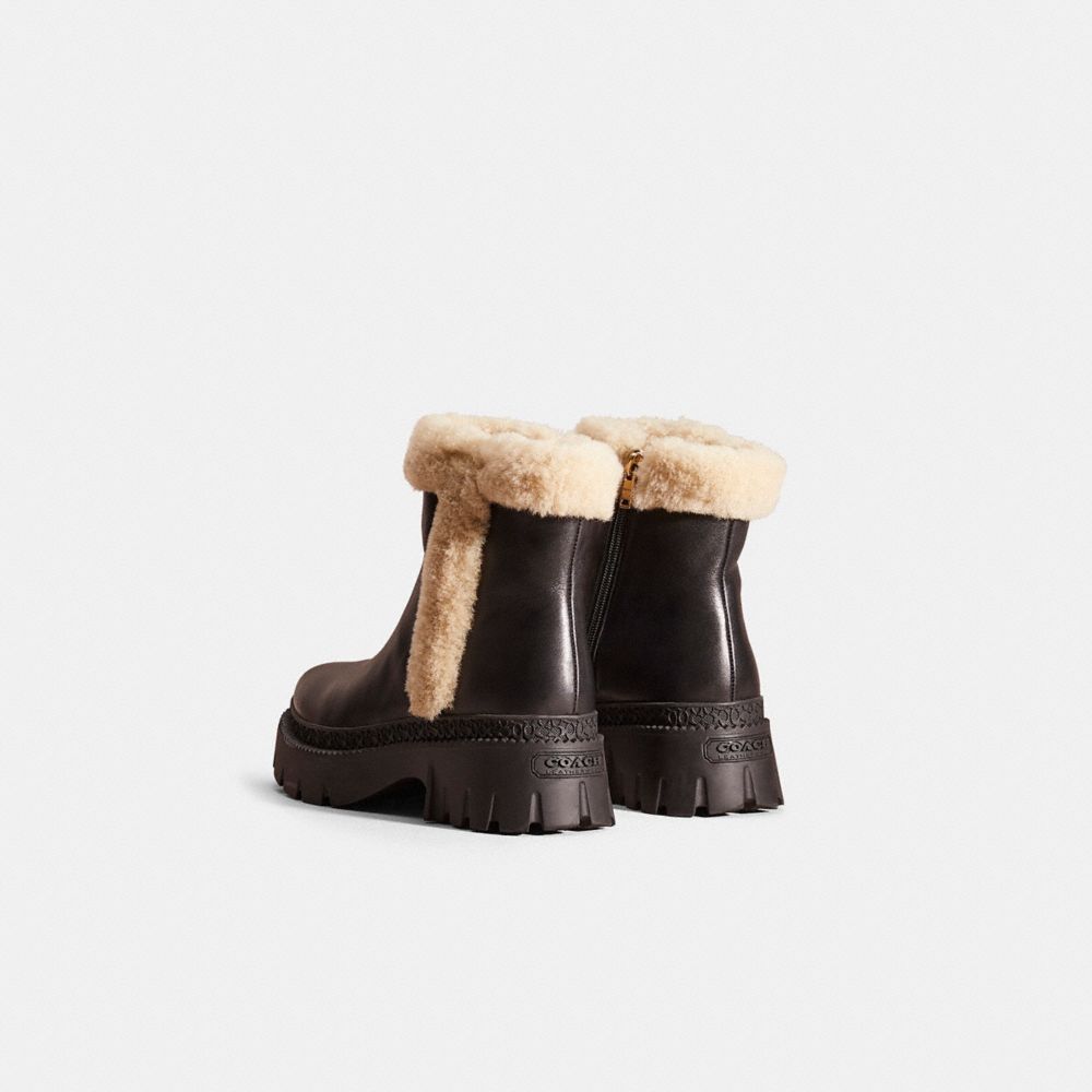 COACH®,Restored Jane Bootie,Leather,Rubber,Winter,Foam,Fur Embellishment,Color Block,Traction,Outdoor,Black,Back View