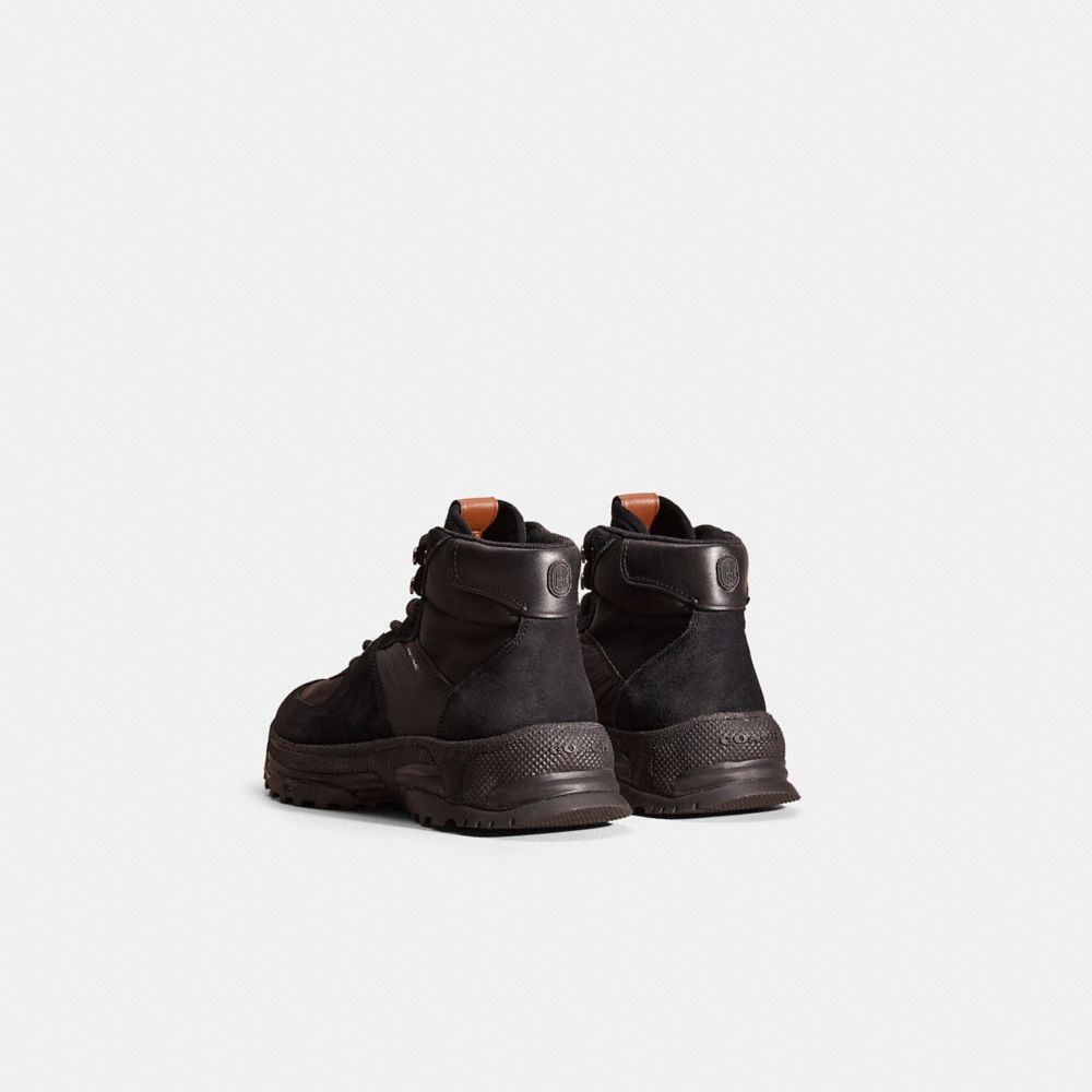 COACH®,Restored C250 Hiker Boot,Nylon,Suede,Leather,Mesh,Rubber,Hiking,Embossed,Mixed Media,Ripstop,Outdoor,Black,Back View