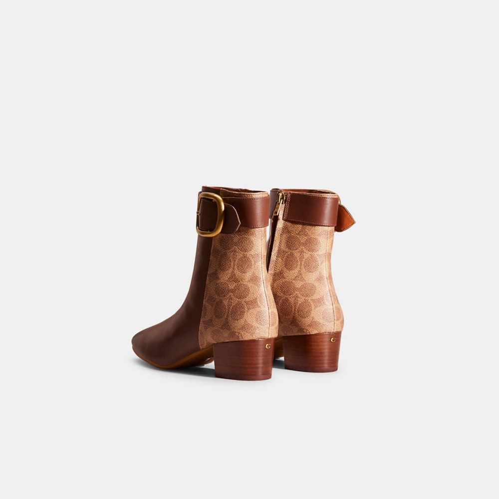 COACH®,Restored Cassandra Bootie,Canvas,Leather,Rubber,Bootie,Color Block,Gold Metal,Day Party,Brown,Back View