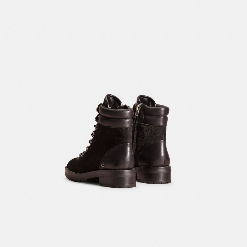 COACH®,Restored Lorren Bootie,Suede,Leather,Rubber,Combat,Logo,Metal,Quilted,Traction,Silver Metal,Casual,Black,Back View