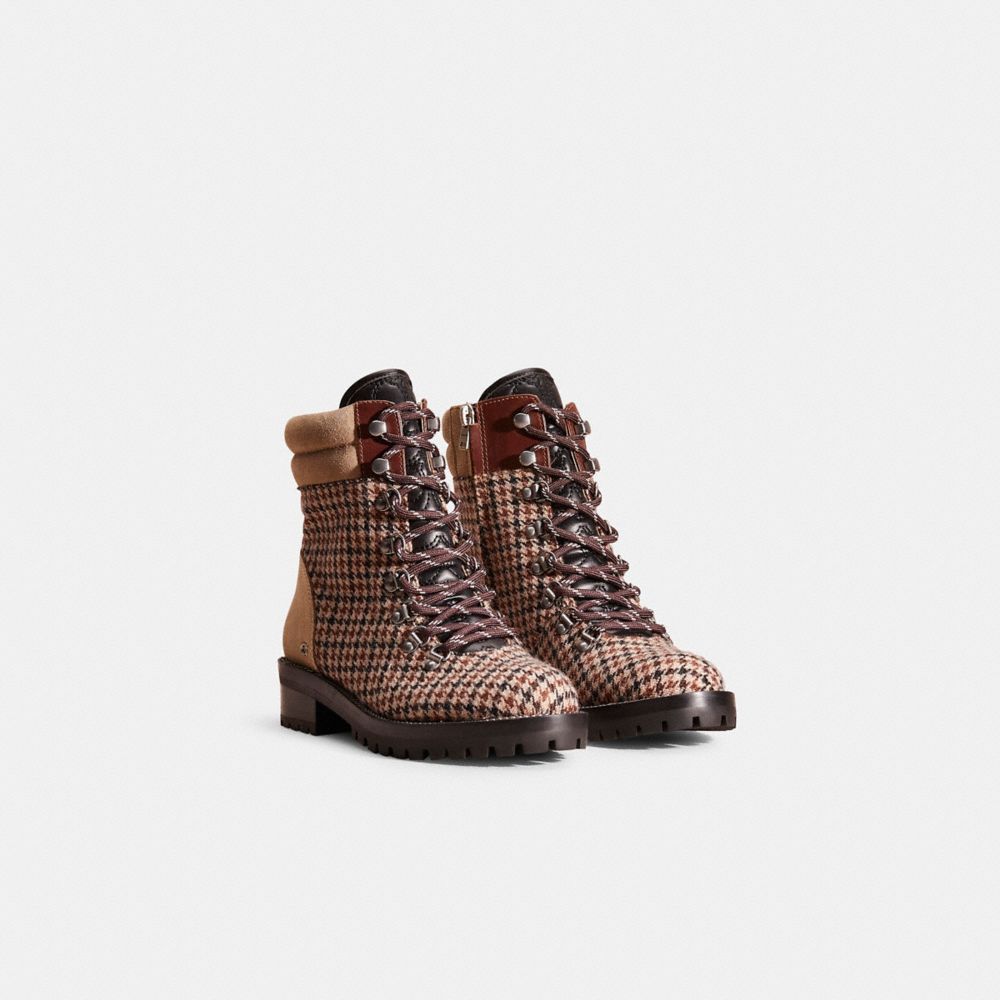 COACH®,Restored Lorren Bootie With Houndstooth Print,Rubber,Suede,Tweed,Combat,Bootie,Logo,Mixed Media,Metal,Pull Tab,Sust...,Multi Color,Angle View