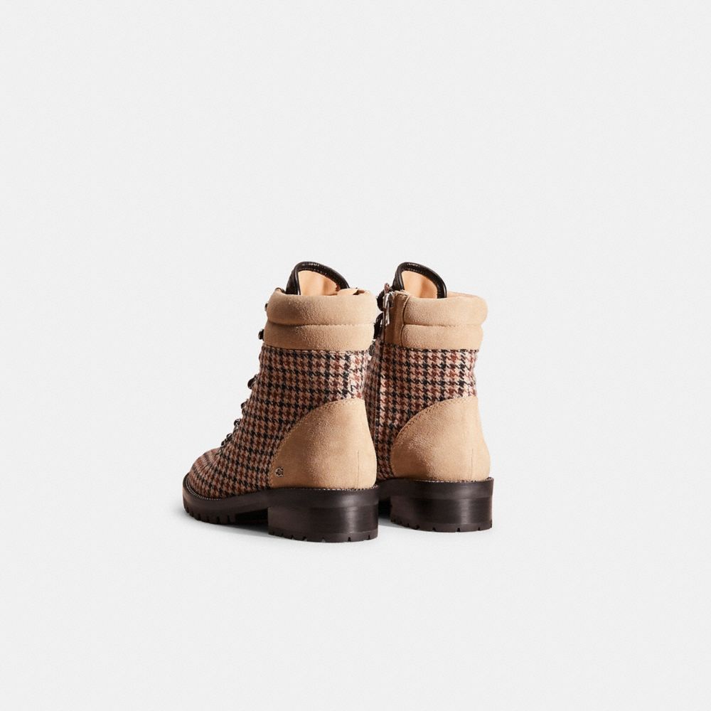 COACH®,Restored Lorren Bootie With Houndstooth Print,Rubber,Suede,Tweed,Combat,Bootie,Logo,Mixed Media,Metal,Pull Tab,Sust...,Multi Color,Back View