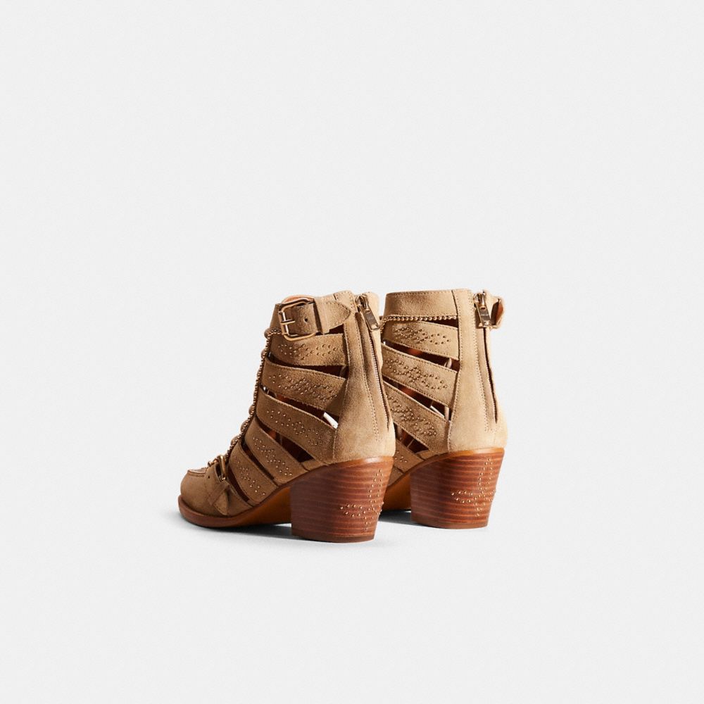 COACH®,Restored Paisley Bootie,Suede,Leather,Rubber,Bootie,Bead Embellishment,Caged,Studded,Gold Metal,Day Party,Beige,Back View