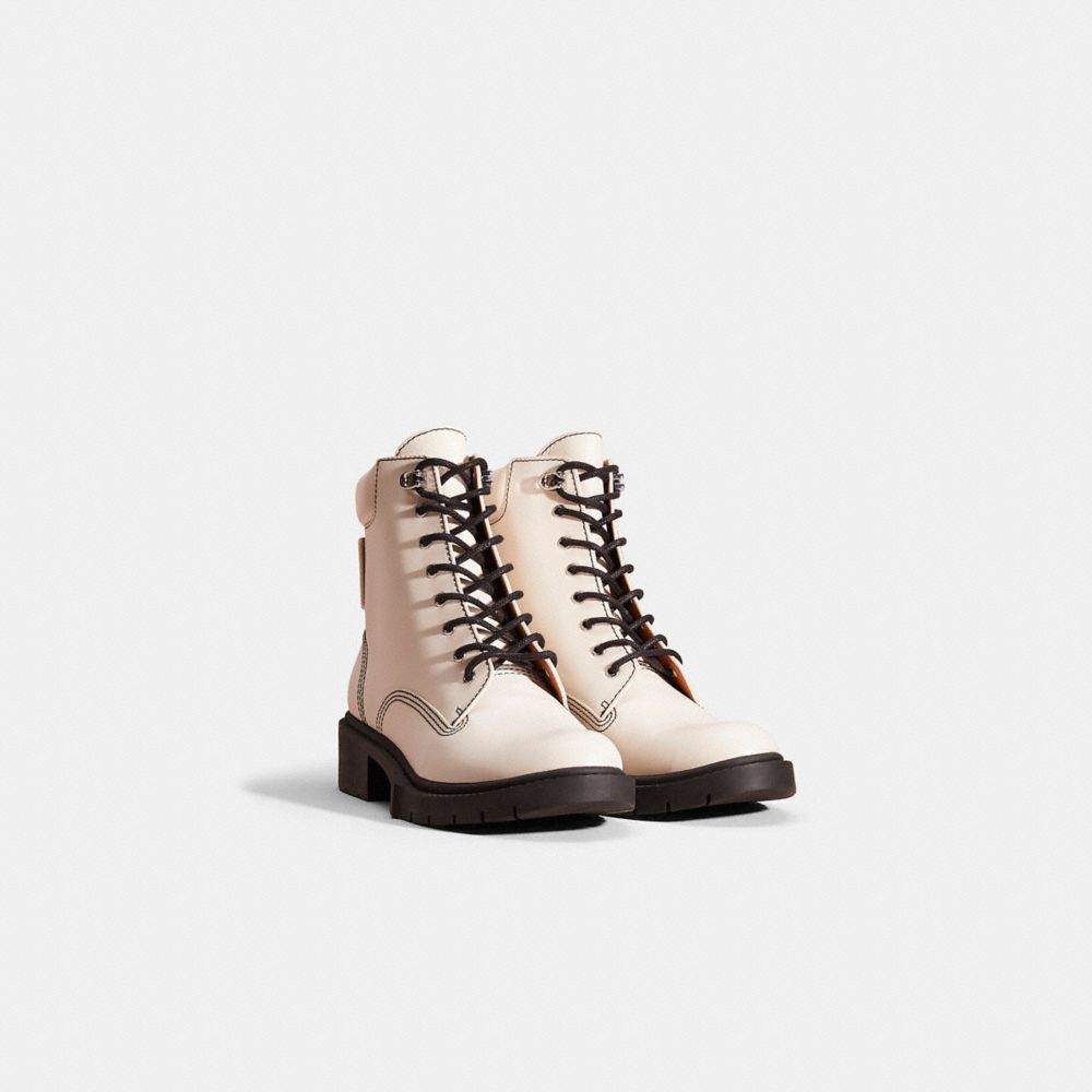 COACH®,RESTORED LORIMER BOOTIE,Leather,Chalk,Angle View