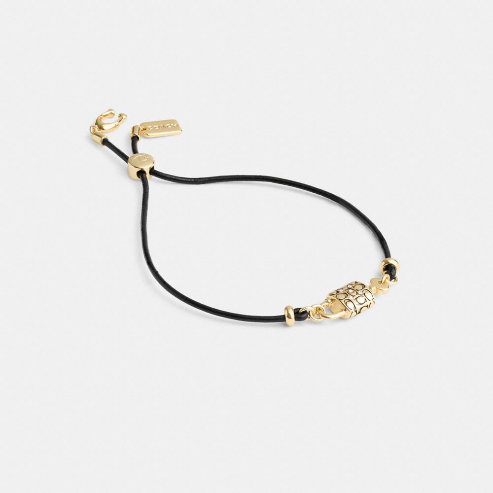 COACH®,QUILTED PADLOCK LEATHER SLIDER BRACELET,Gold/Black,Front View