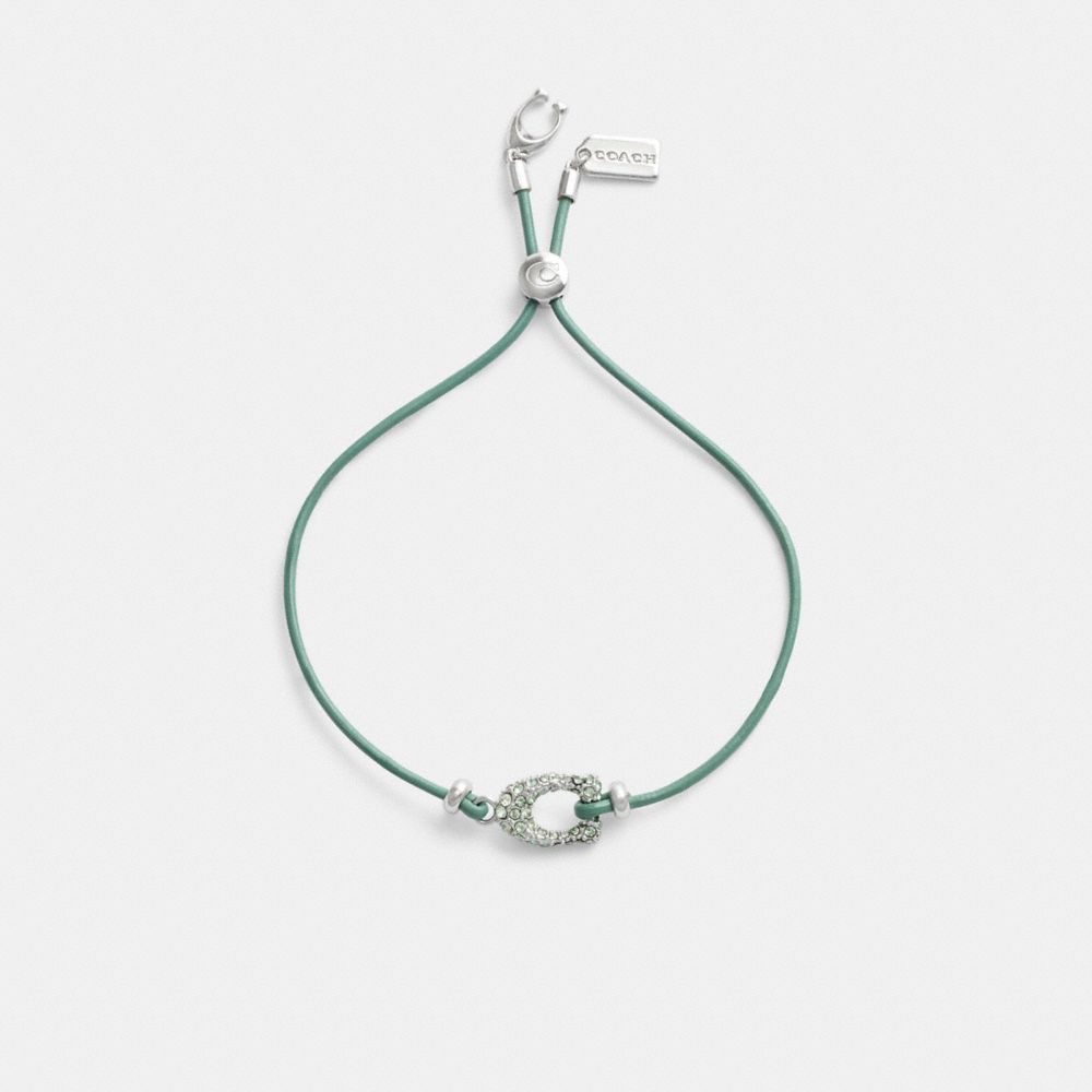 COACH®,Pavé Signature Leather Slider Bracelet,Leather,Glass,Cubic Zirconia,Gem Embellishment,Logo,Lettering Word,Brass,Sil...,Green,Inside View,Top View