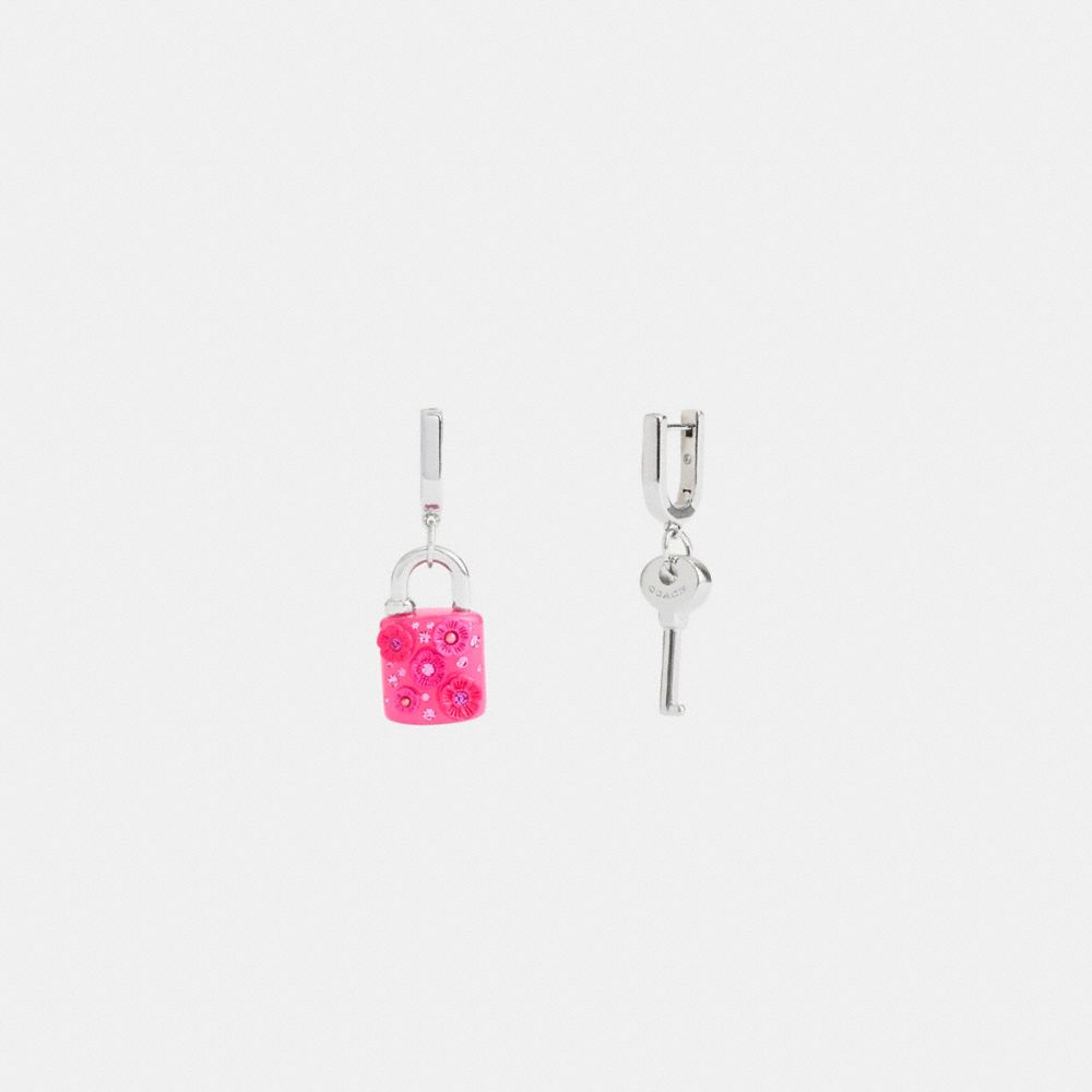 COACH®,TEA ROSE PADLOCK AND KEY MISMATCH HUGGIE EARRINGS,Tea Rose,Silver/Pink,Front View
