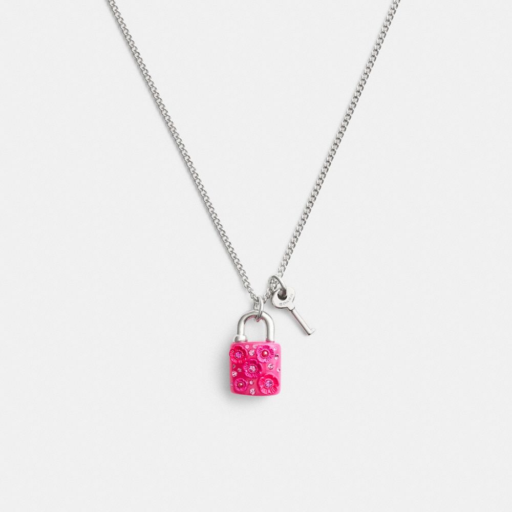 COACH®,TEA ROSE PADLOCK AND KEY PENDANT NECKLACE,Tea Rose,Silver/Pink,Front View