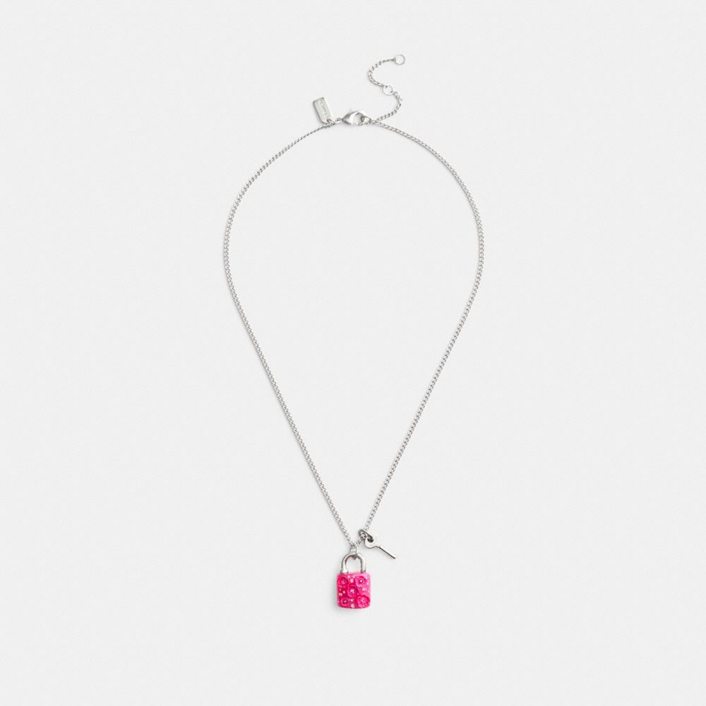 COACH®,TEA ROSE PADLOCK AND KEY PENDANT NECKLACE,Tea Rose,Silver/Pink,Inside View,Top View