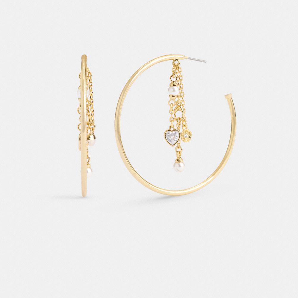 COACH®,HEART CHARM HOOP EARRINGS,Gold,Front View