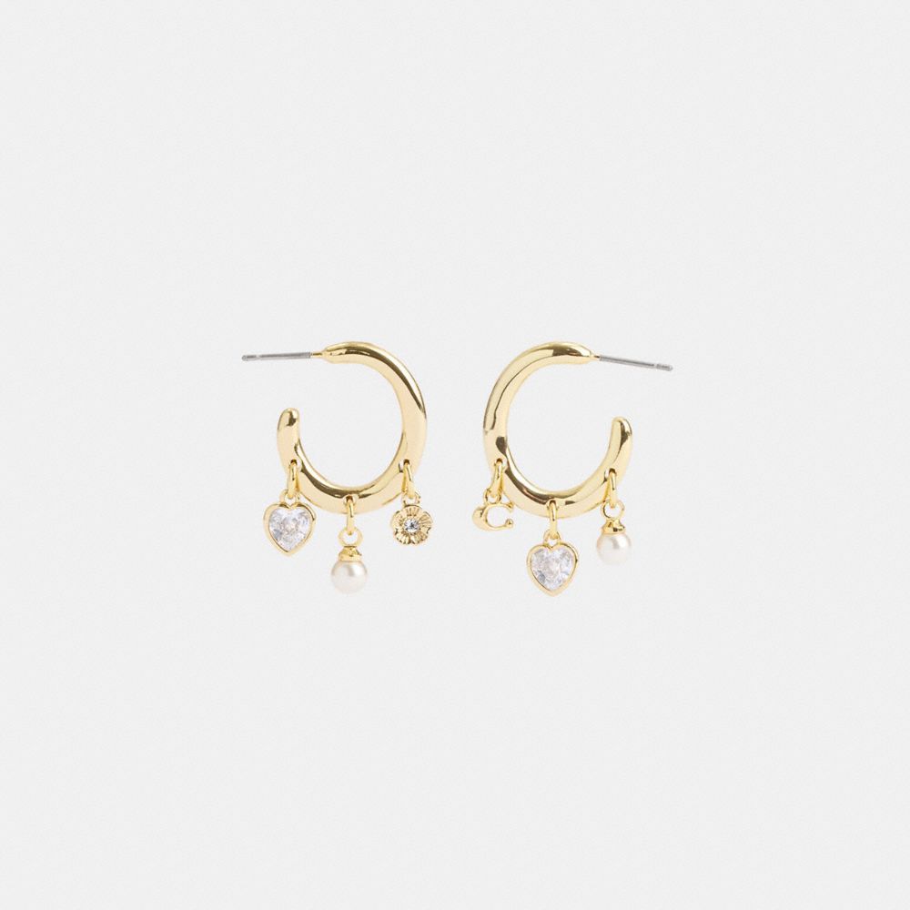 COACH®,Heart Charm Huggie Earrings,Dangle Earring,Hoops,Glass,Pearl,Cubic Zirconia,Gem Embellishment,Heart Embellishment,P...,Multi Color,Inside View,Top View