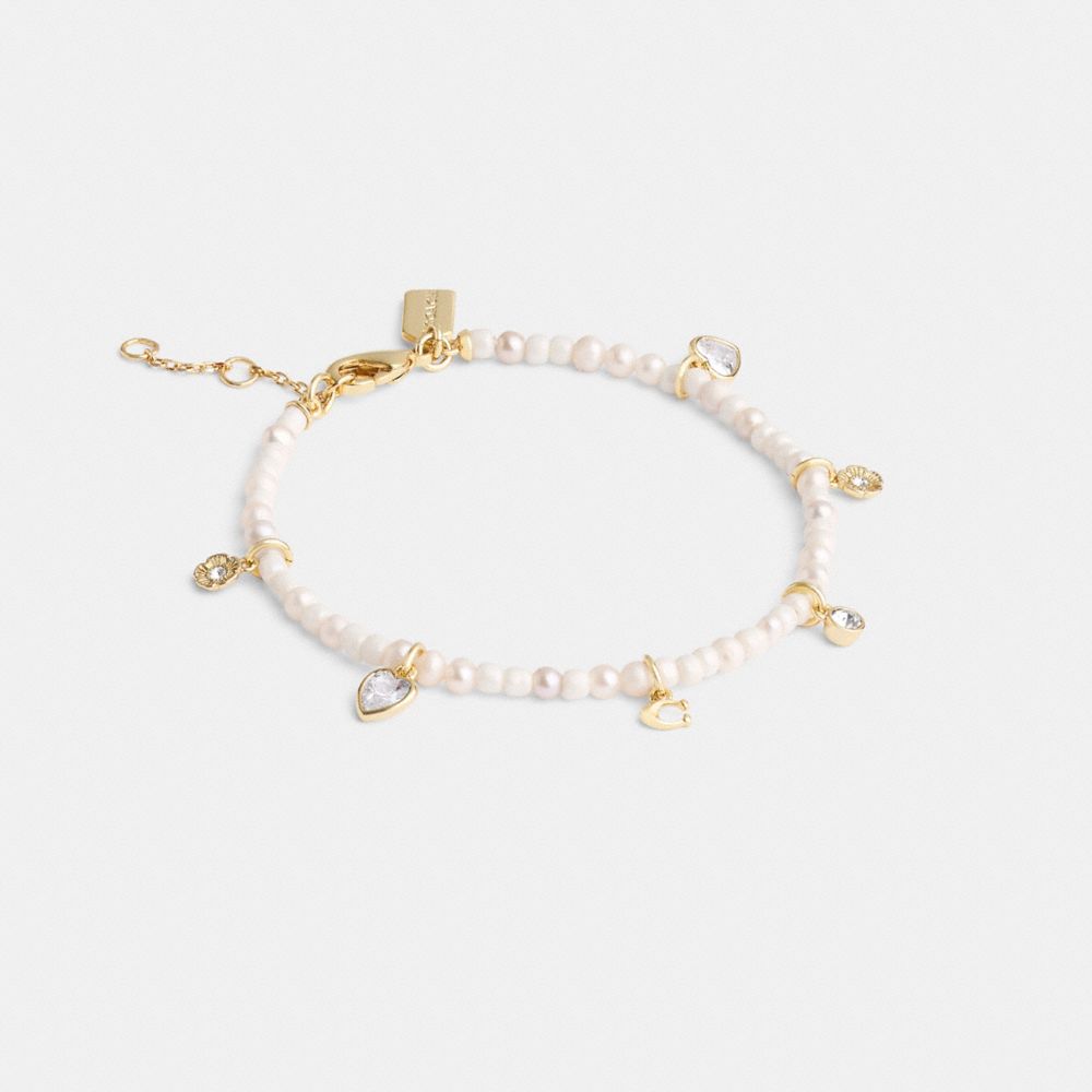 COACH®,PEARL CHARM BRACELET,Gold/Pearl,Front View