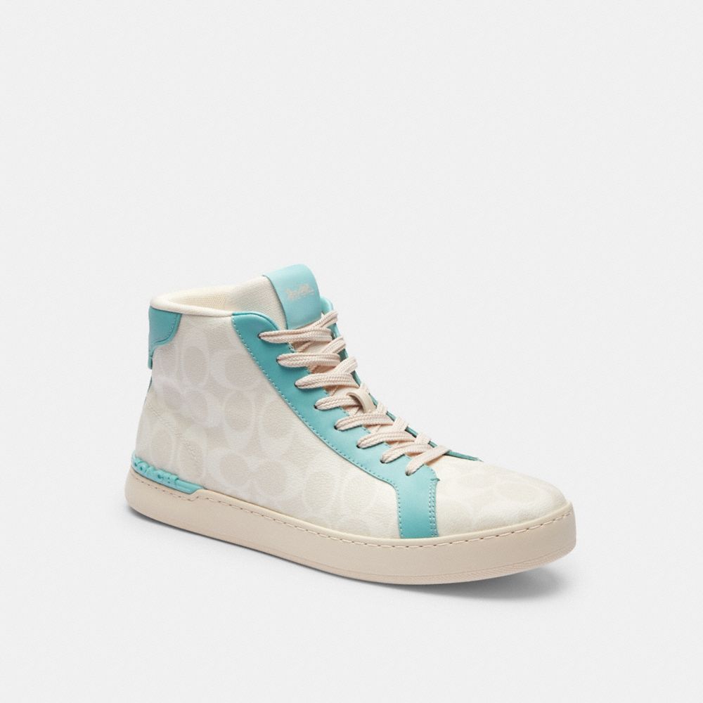 COACH®,CLIP HIGH TOP SNEAKER IN SIGNATURE CANVAS,Faded Blue/Chalk,Front View
