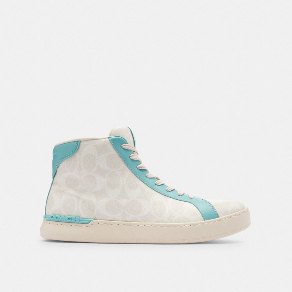 COACH®,CLIP HIGH TOP SNEAKER IN SIGNATURE CANVAS,Faded Blue/Chalk,Angle View