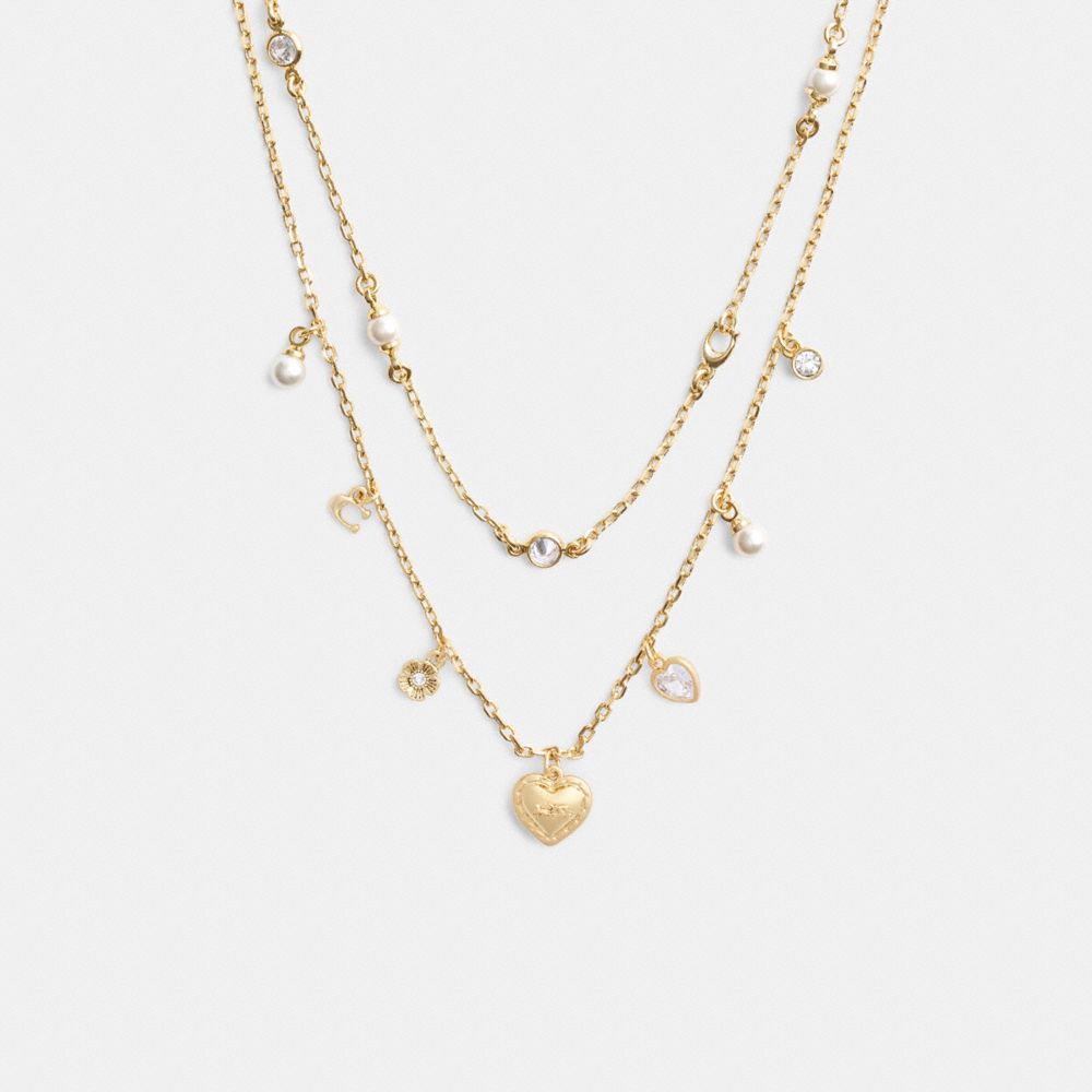 COACH®,LAYERED HEART CHARM NECKLACE,Gold/Pearl,Front View