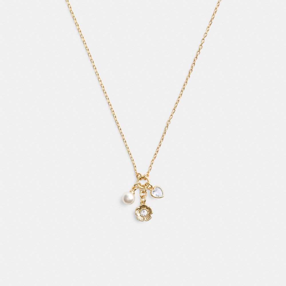 COACH®,TEA ROSE CLUSTER PENDANT NECKLACE,Gold,Front View